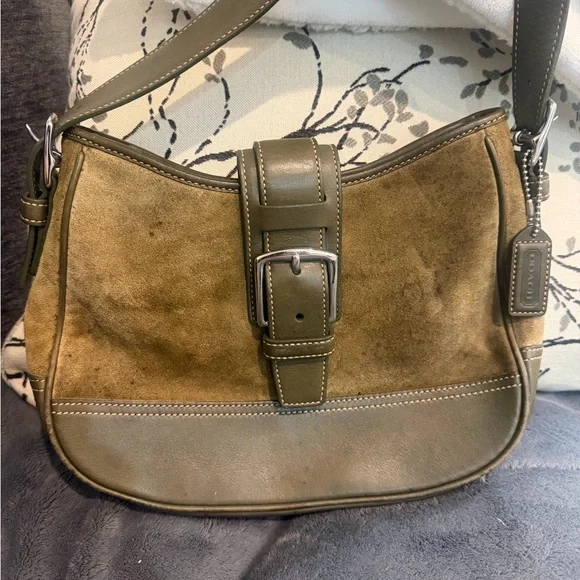 Coach Suede Shoulder Bag with Olive Leather Trim Silver Hardware - Picture 9 of 9
